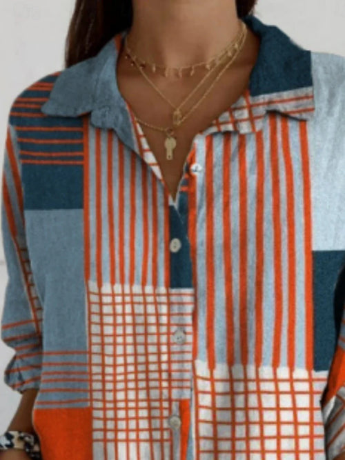 Women's Blouse Geometric Color Block Daily Stylish Long Sleeve Shirt Collar Regular Tops Daily Holiday Buttons Print Blue Summer